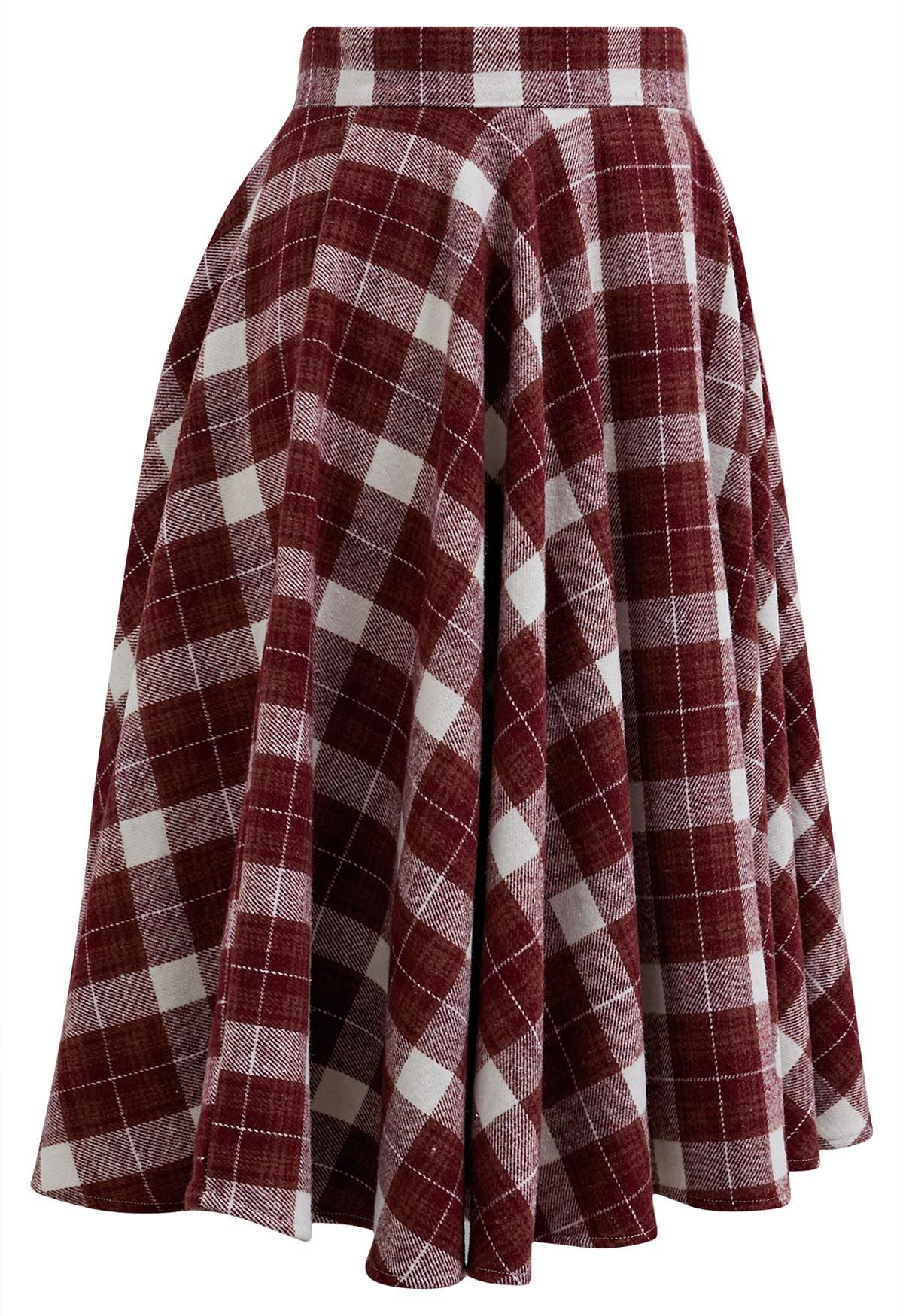 Burgundy Tartan Wool-Blend A-Line Midi Skirt
