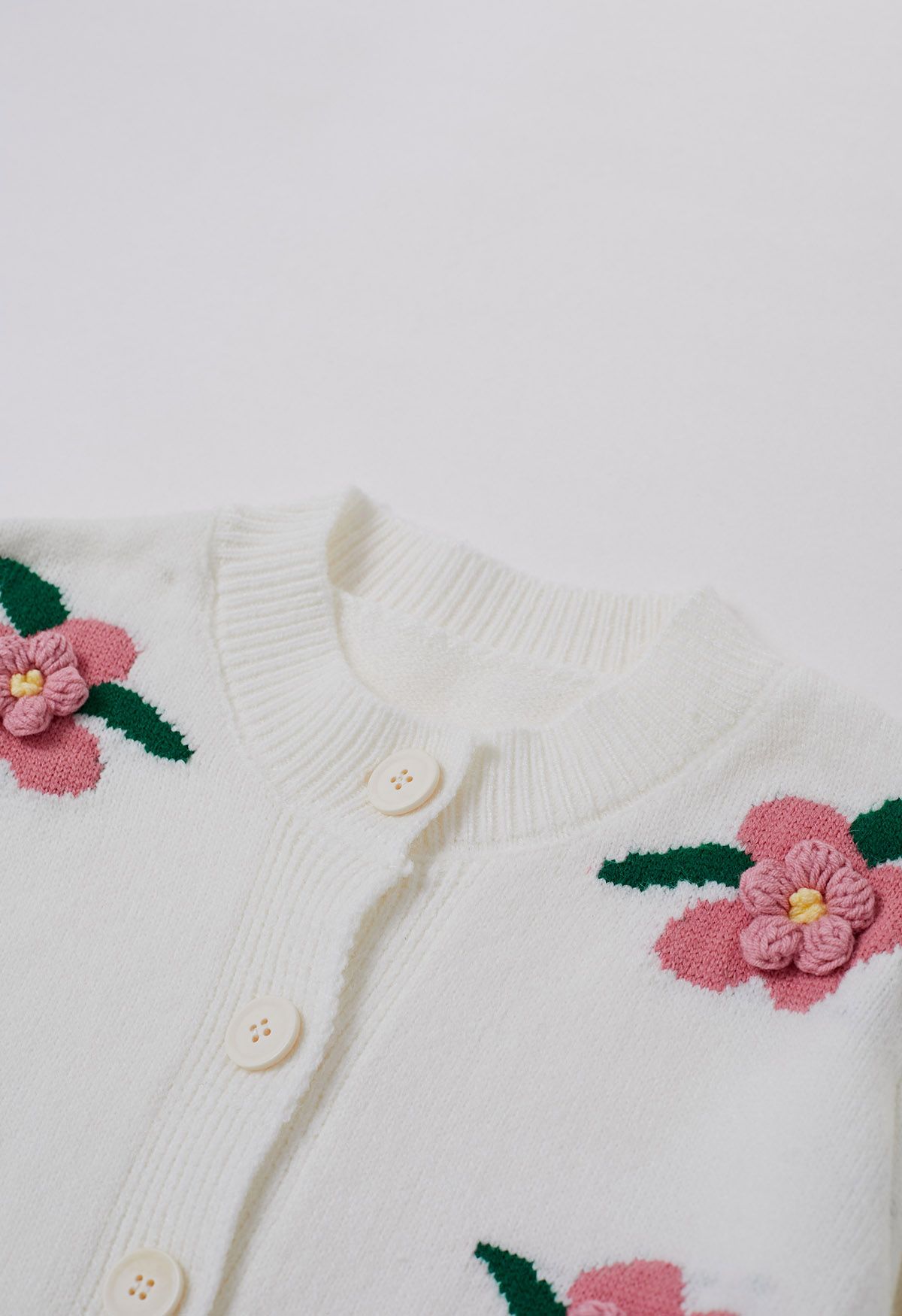 3D Stitch Flower Embroidered Button Down Cardigan in White