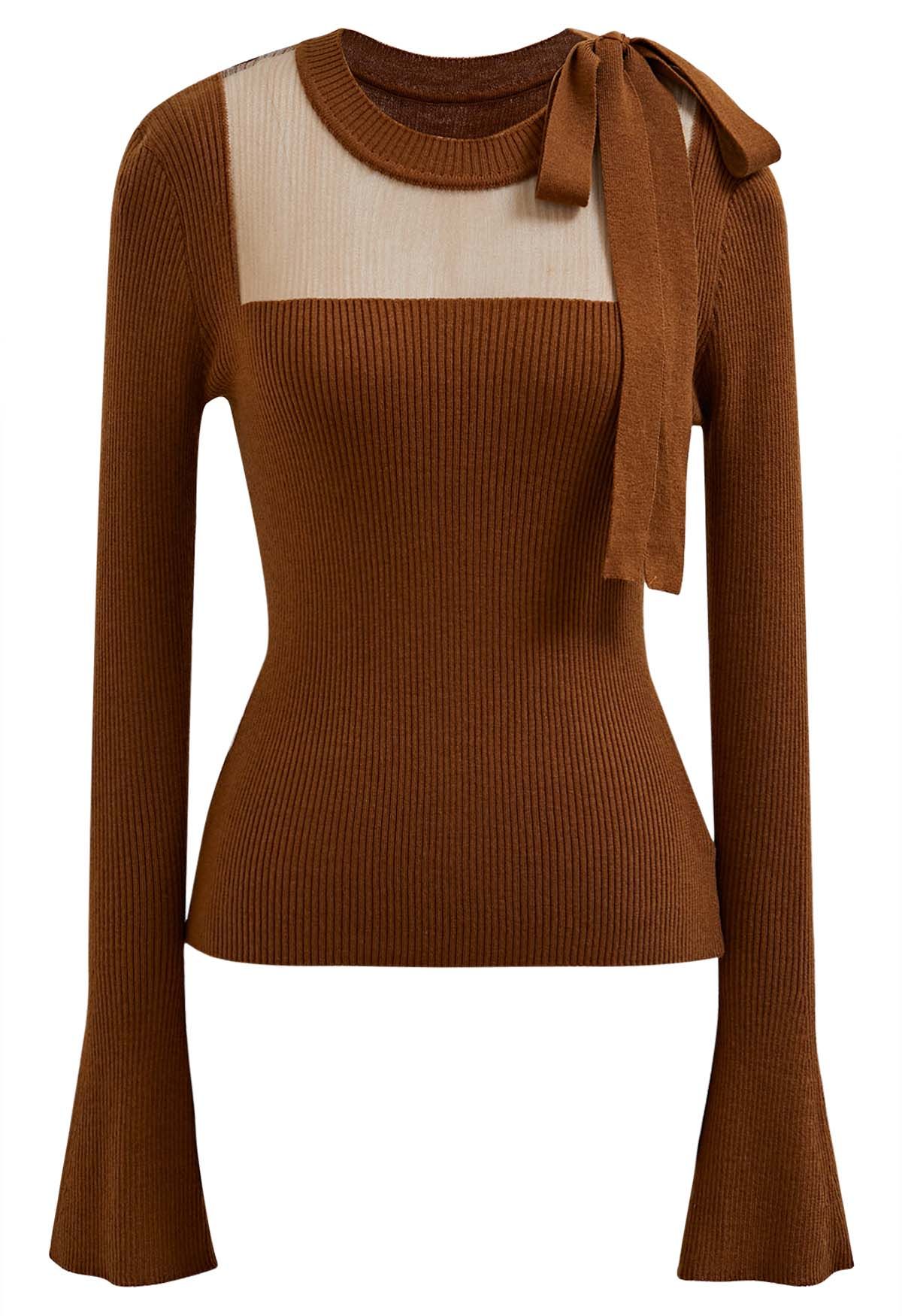 Mesh Inserted Side Bowknot Fitted Knit Top in Caramel