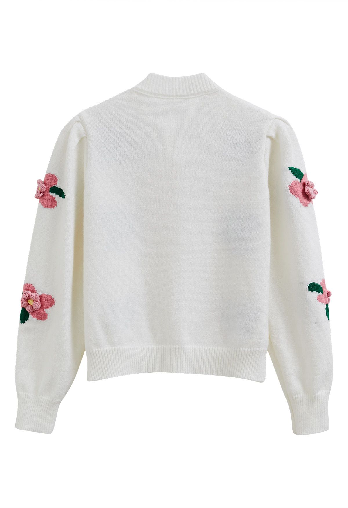 3D Stitch Flower Embroidered Button Down Cardigan in White