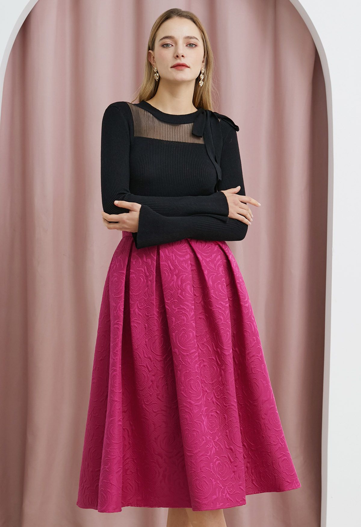 Embossed Floral Pleated Flare Midi Skirt in Hot Pink