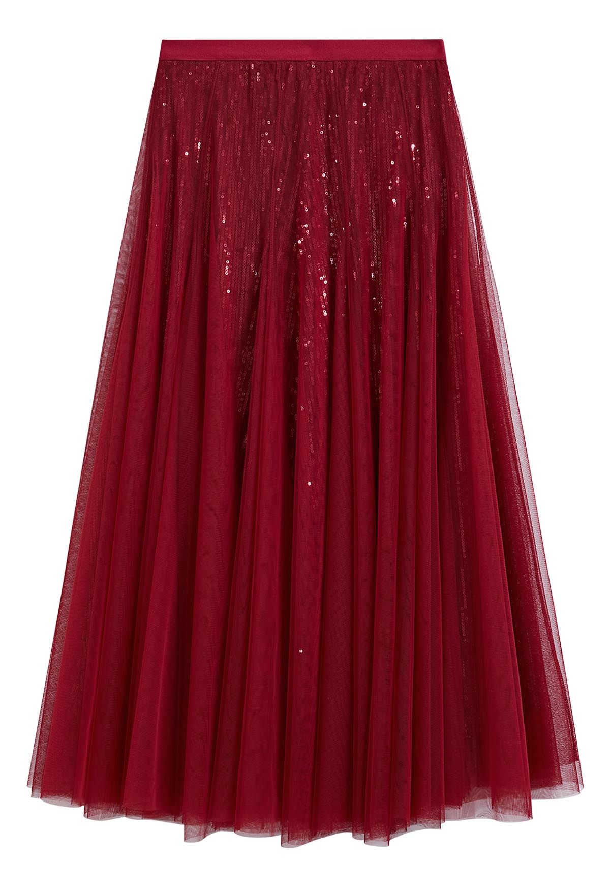 Ravishing Sequins Mesh Tulle Midi Skirt in Red