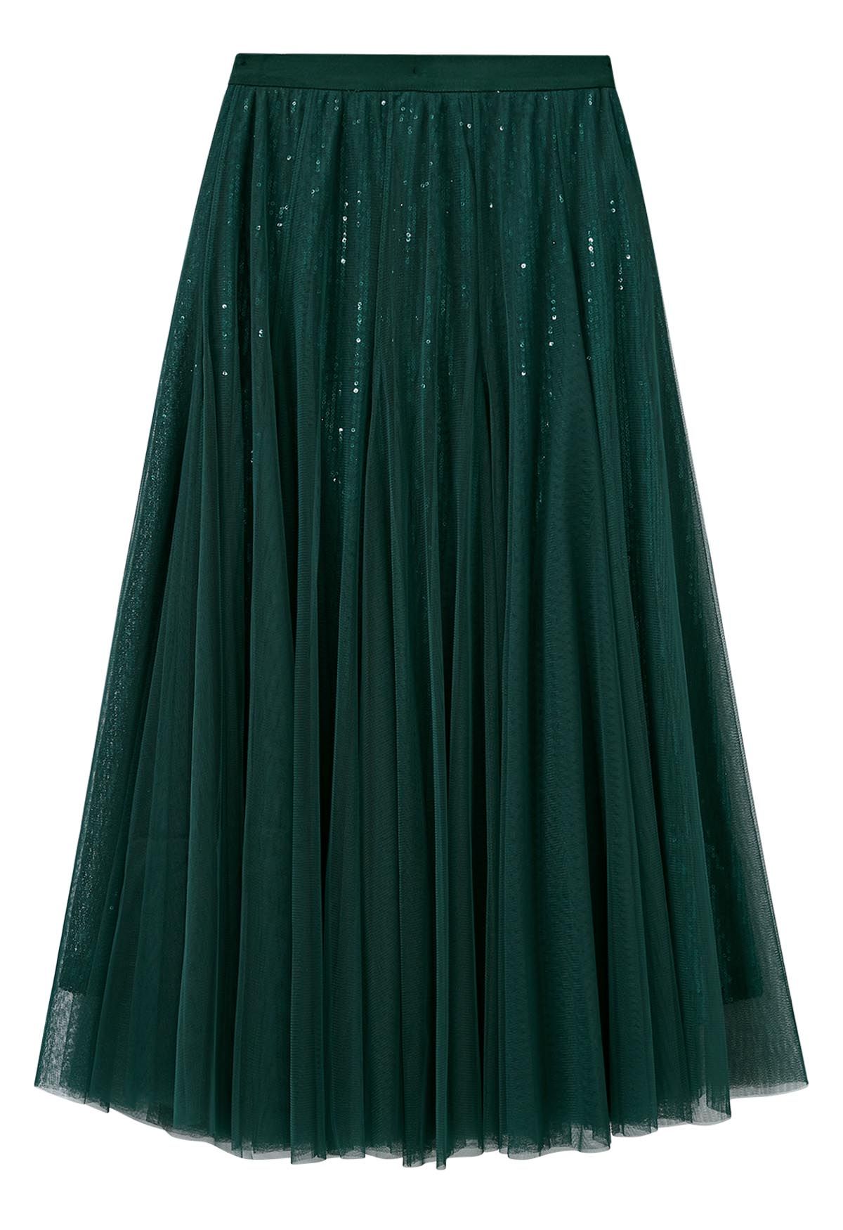 Ravishing Sequins Mesh Tulle Midi Skirt in Dark Green
