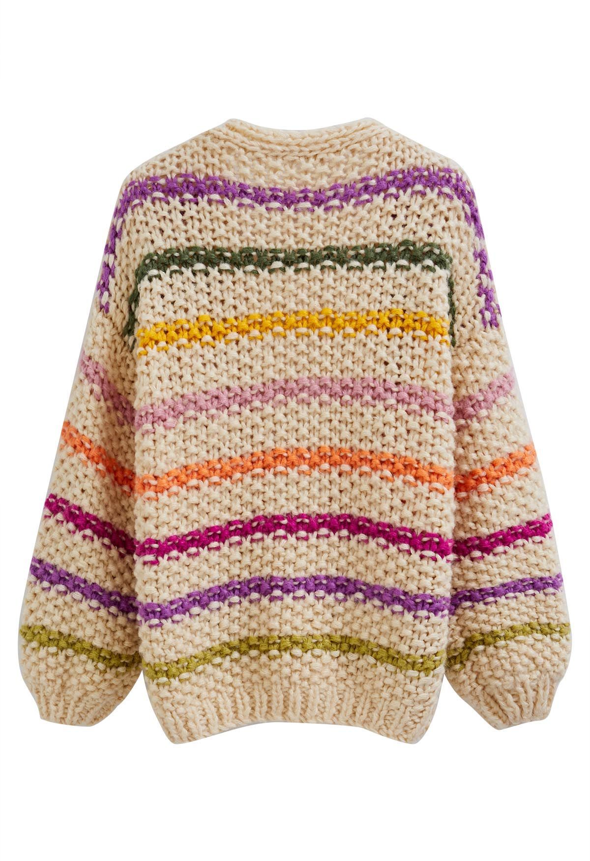 Colorful Stripe Open Front Hand Knit Cardigan