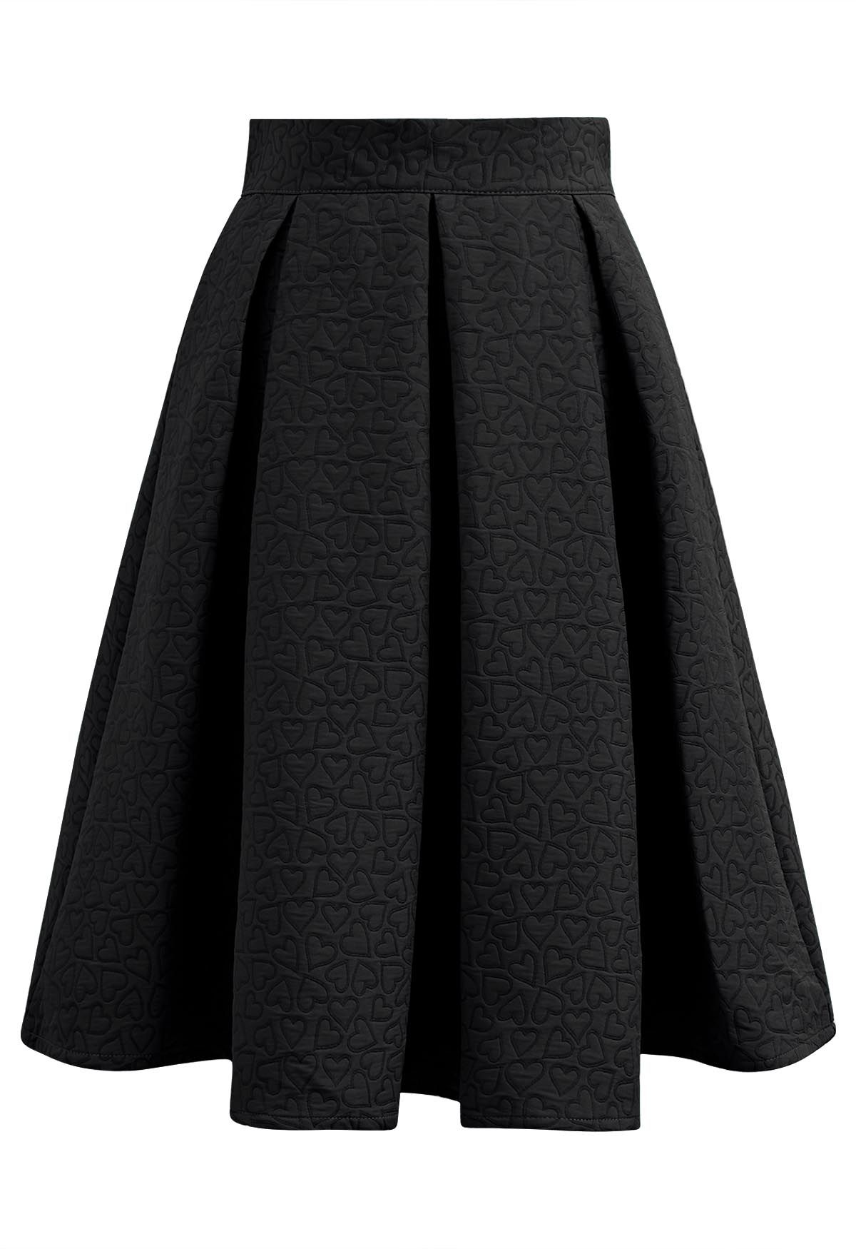 Hearts Fantasy Jacquard Pleated Midi Skirt in Black