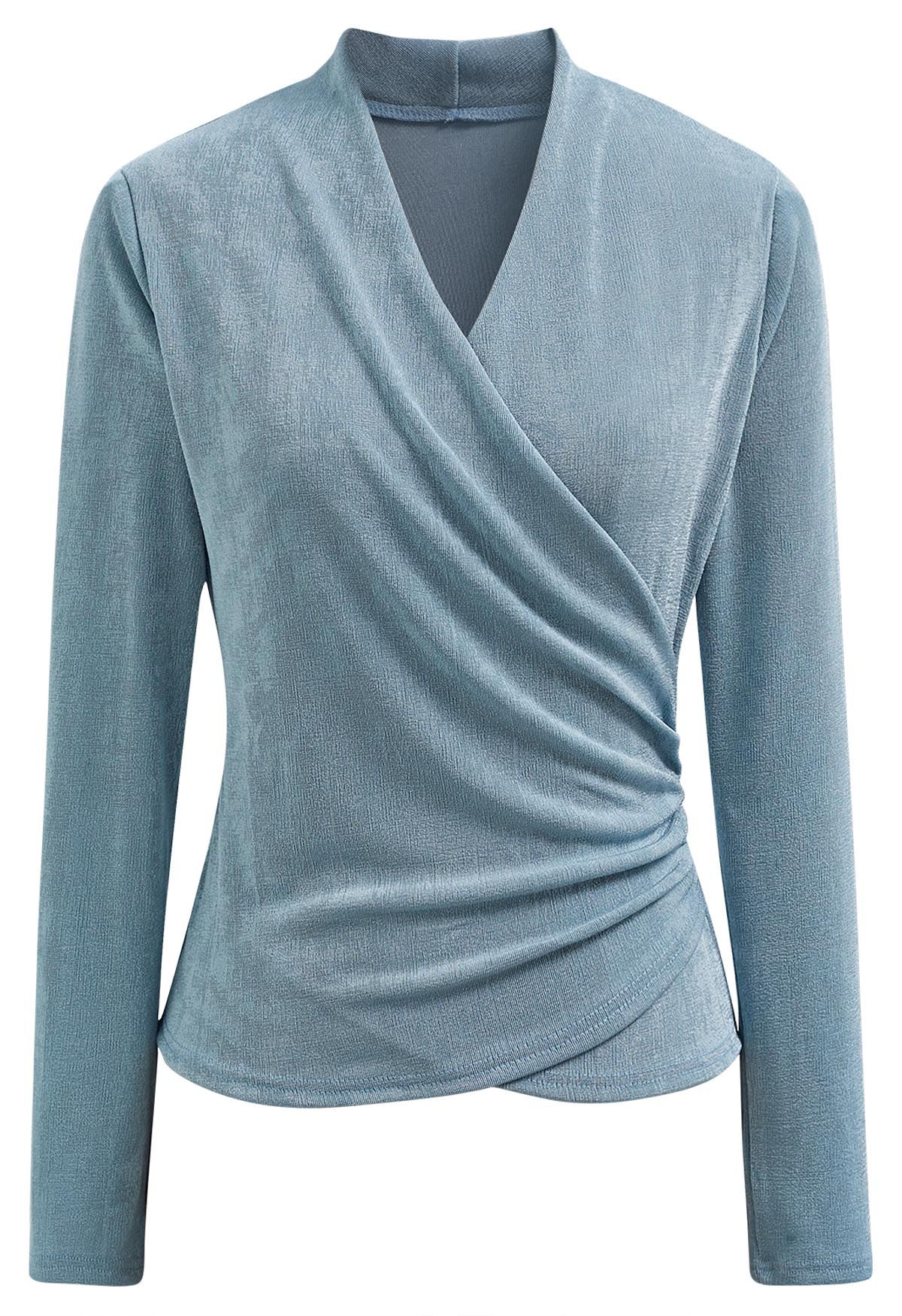 Ruched Waist Faux-Wrap Top in Dusty Blue