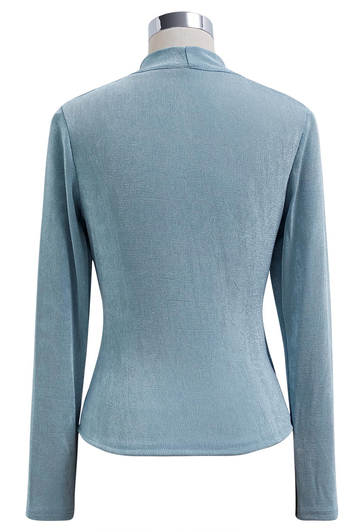 Ruched Waist Faux-Wrap Top in Dusty Blue
