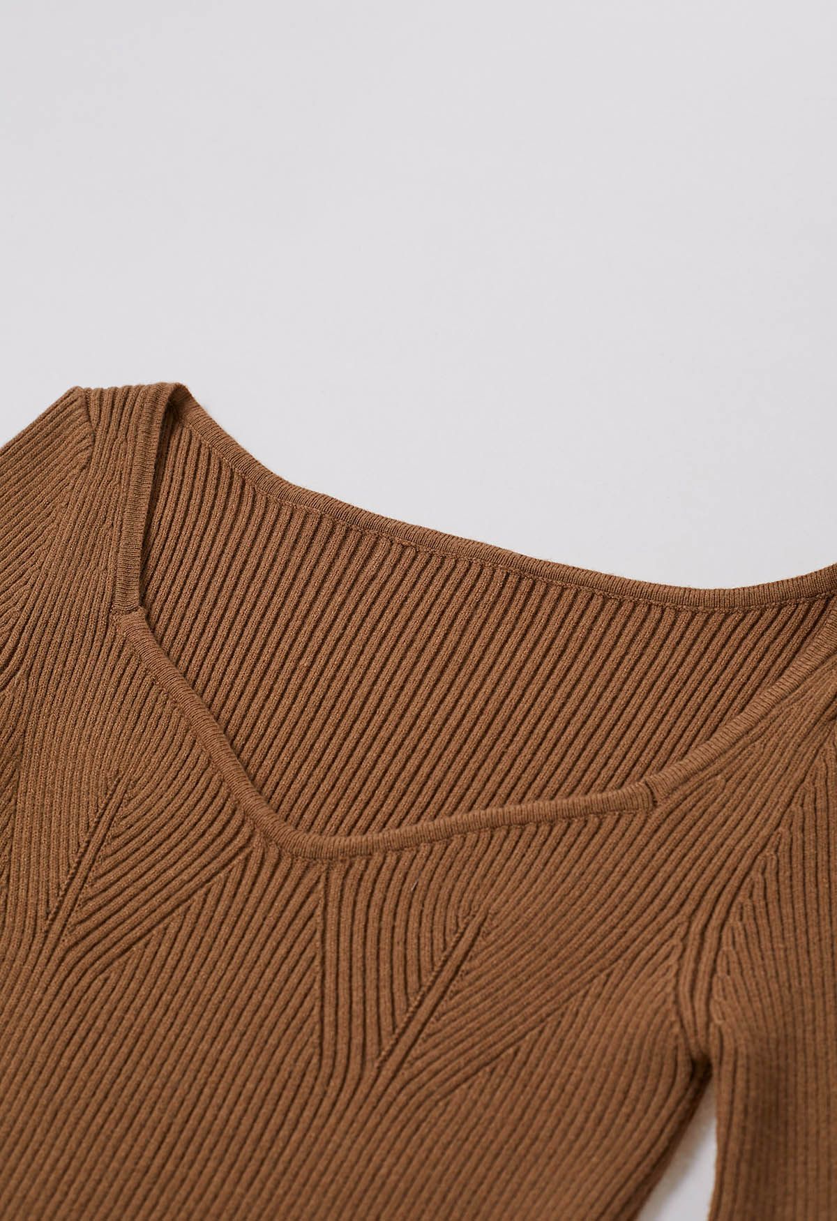 Wavy Neckline Feather Trim Cuffs Knit Top in Tan