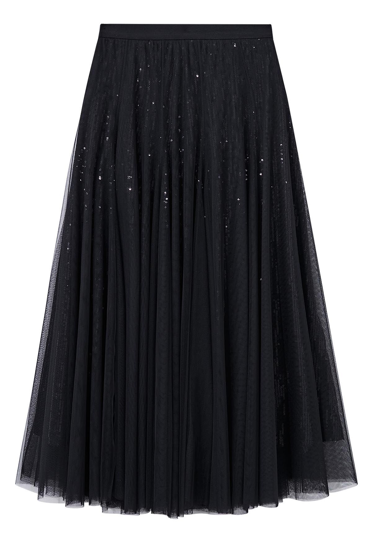 Ravishing Sequins Mesh Tulle Midi Skirt in Black