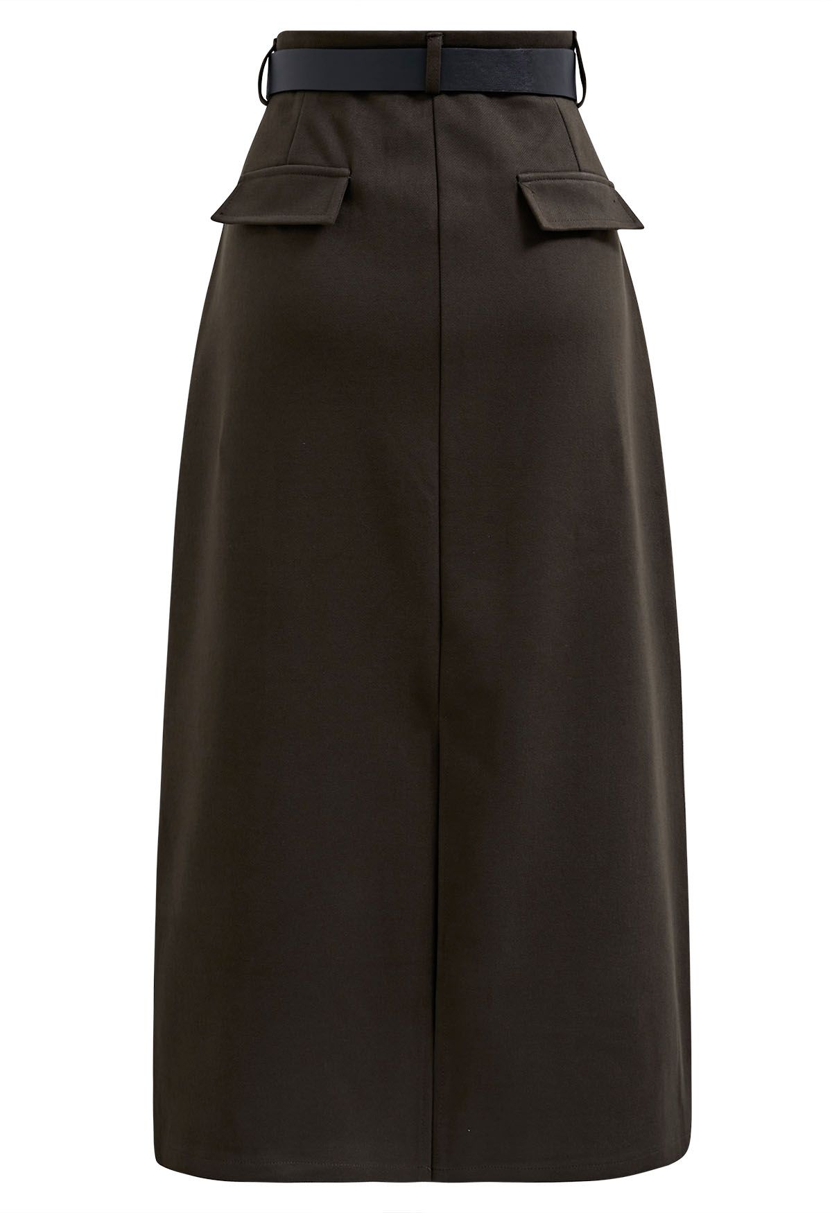 Slit Back Belted Maxi Skirt in Khaki