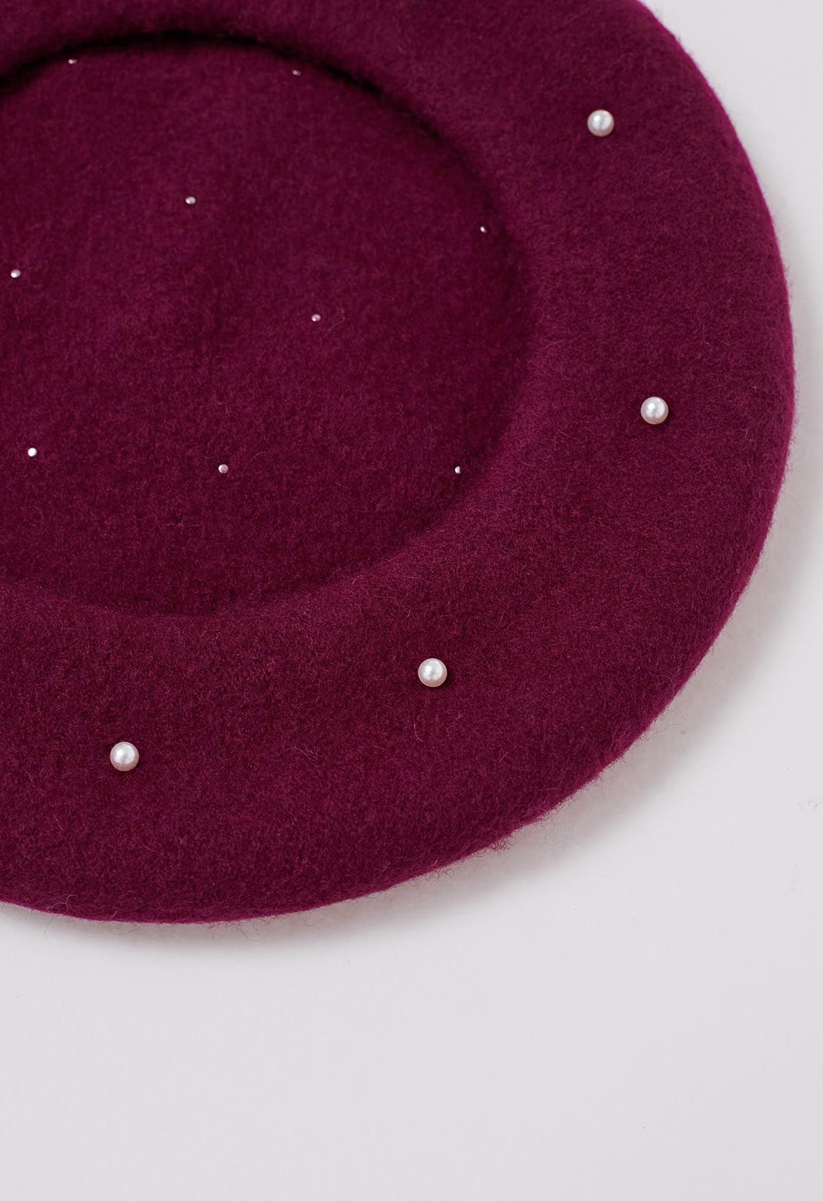 Handmade Pearl Wool Blend Beret Hat in Burgundy