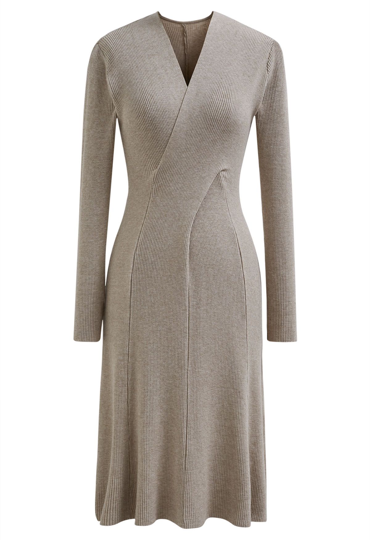 Cross Waist Detail Faux-Wrap Knit Dress in Oatmeal