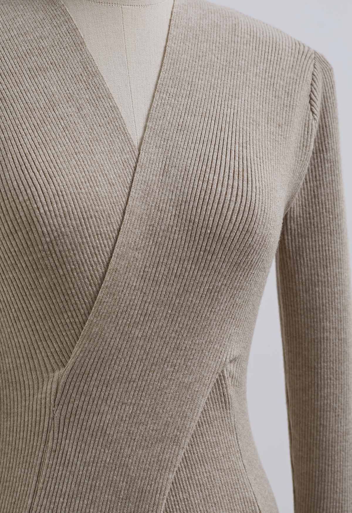 Cross Waist Detail Faux-Wrap Knit Dress in Oatmeal