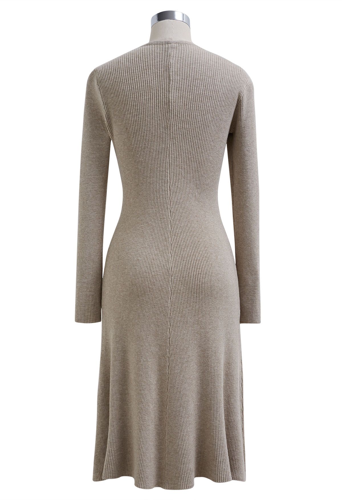 Cross Waist Detail Faux-Wrap Knit Dress in Oatmeal