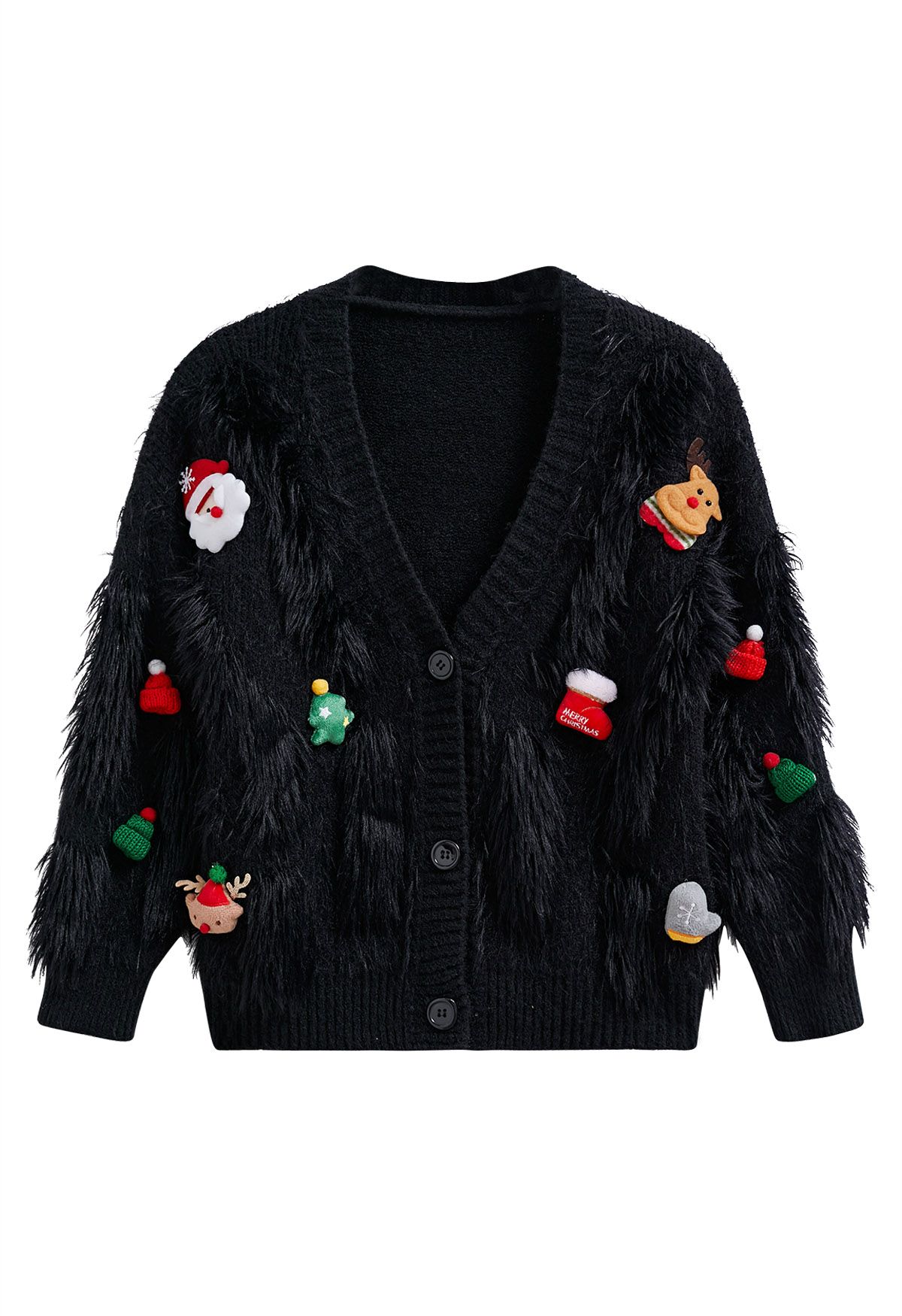 Christmas Elements Fluffy Knit Cardigan in Black