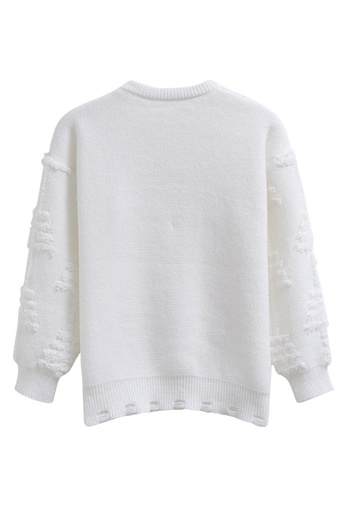Pearl Christmas Tree Embossed Bowknot Knit Sweater in White