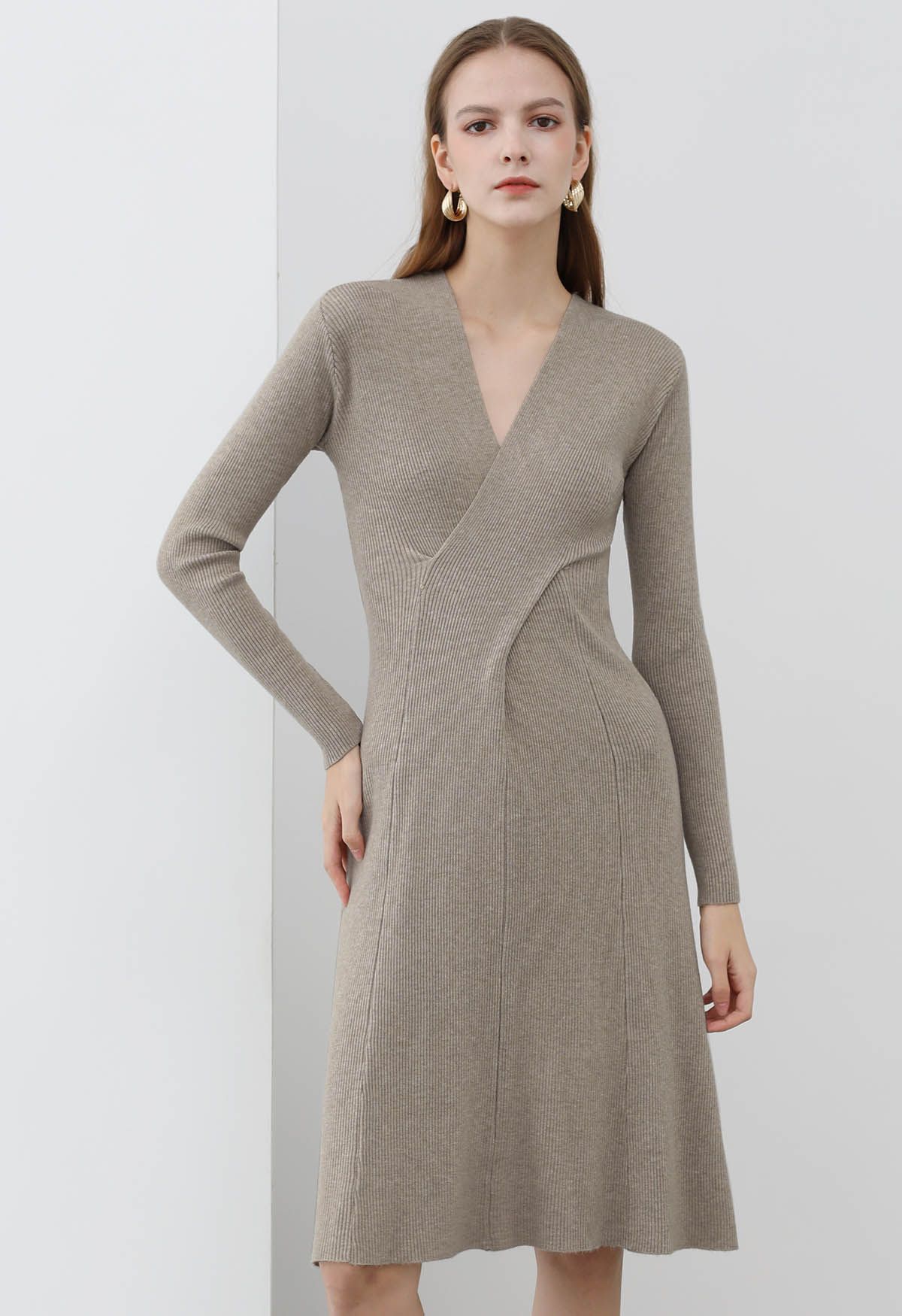 Cross Waist Detail Faux-Wrap Knit Dress in Oatmeal