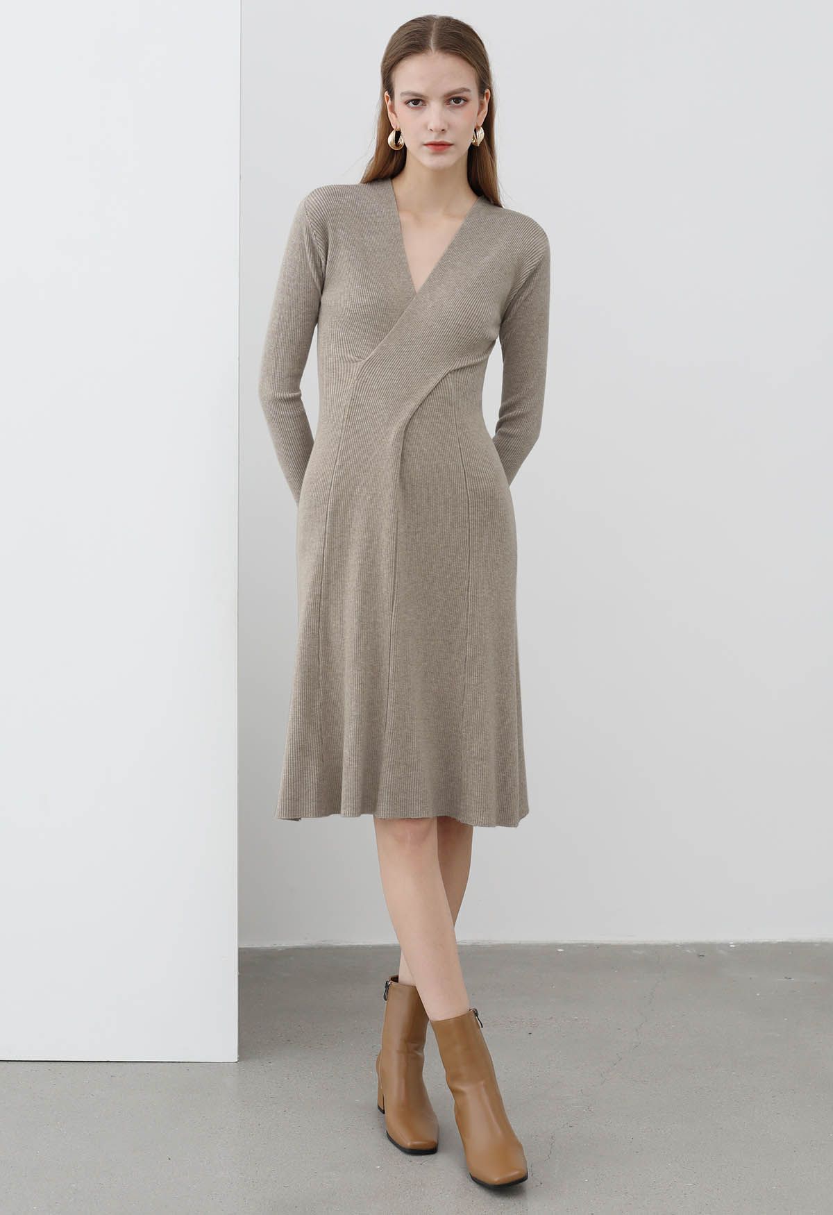 Cross Waist Detail Faux-Wrap Knit Dress in Oatmeal