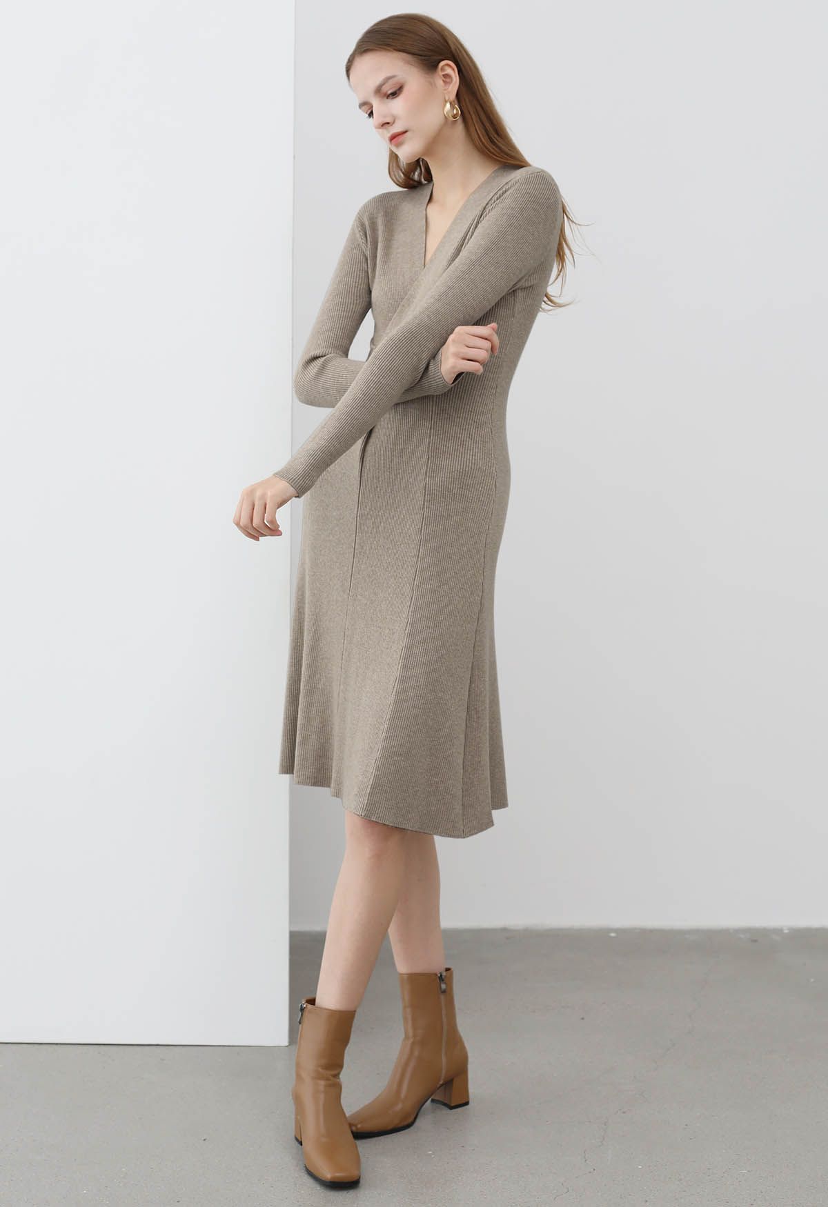 Cross Waist Detail Faux-Wrap Knit Dress in Oatmeal