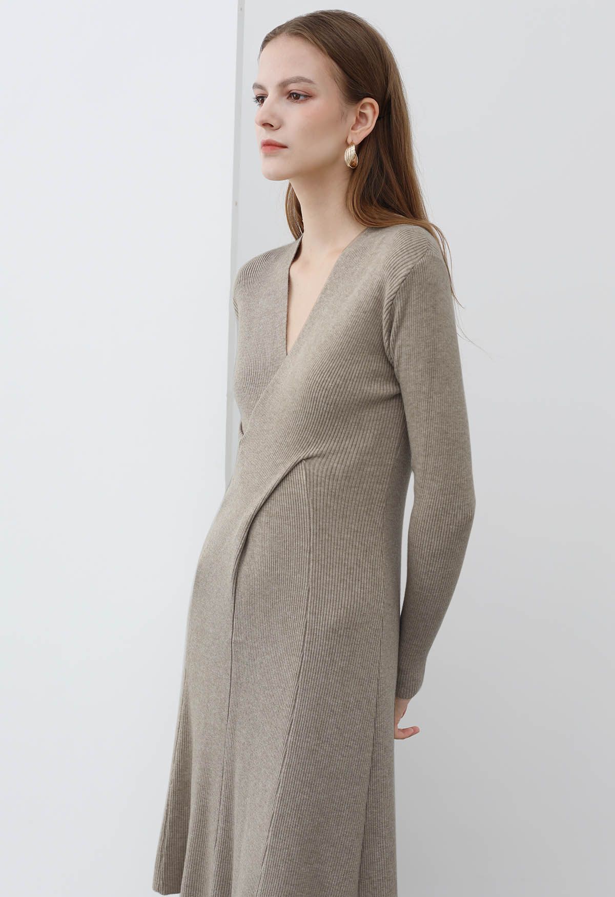 Cross Waist Detail Faux-Wrap Knit Dress in Oatmeal