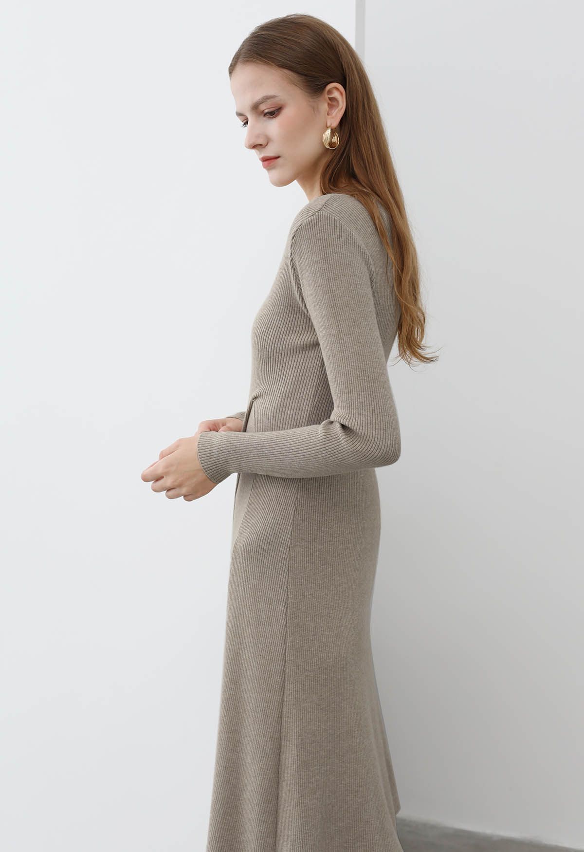 Cross Waist Detail Faux-Wrap Knit Dress in Oatmeal