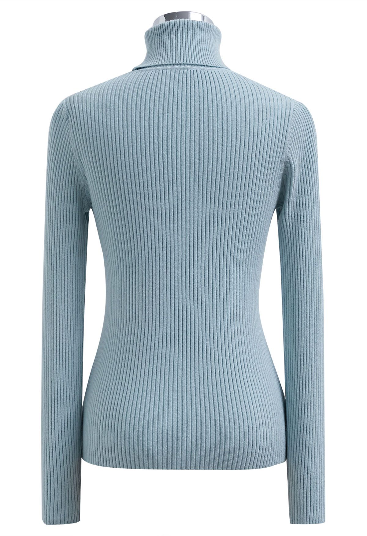 Turtleneck Ribbed Fitted Knit Top in Blue