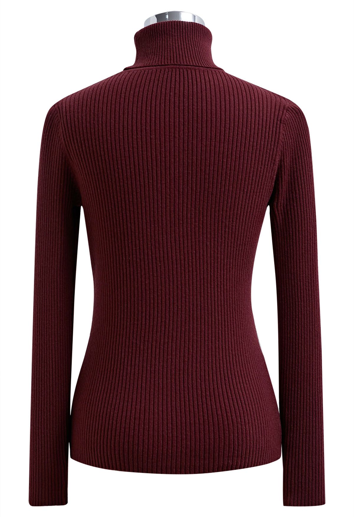 Turtleneck Ribbed Fitted Knit Top in Burgundy