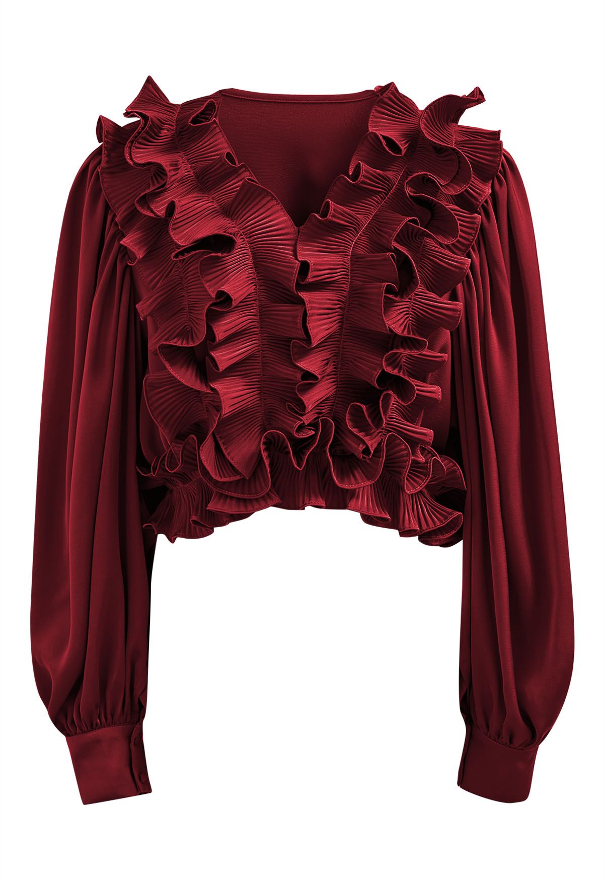 Fluttering Ruffle Satin Crop Top in Burgundy