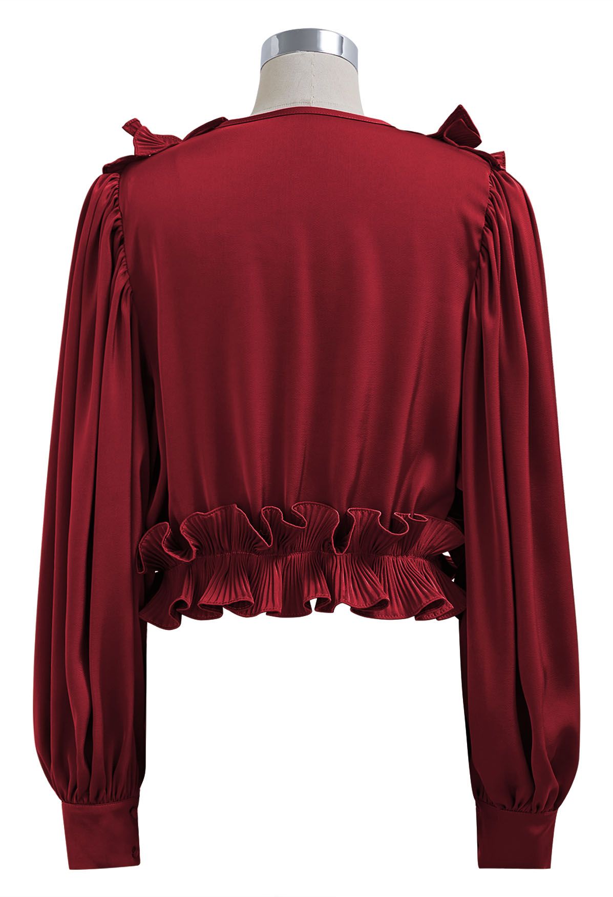 Fluttering Ruffle Satin Crop Top in Burgundy