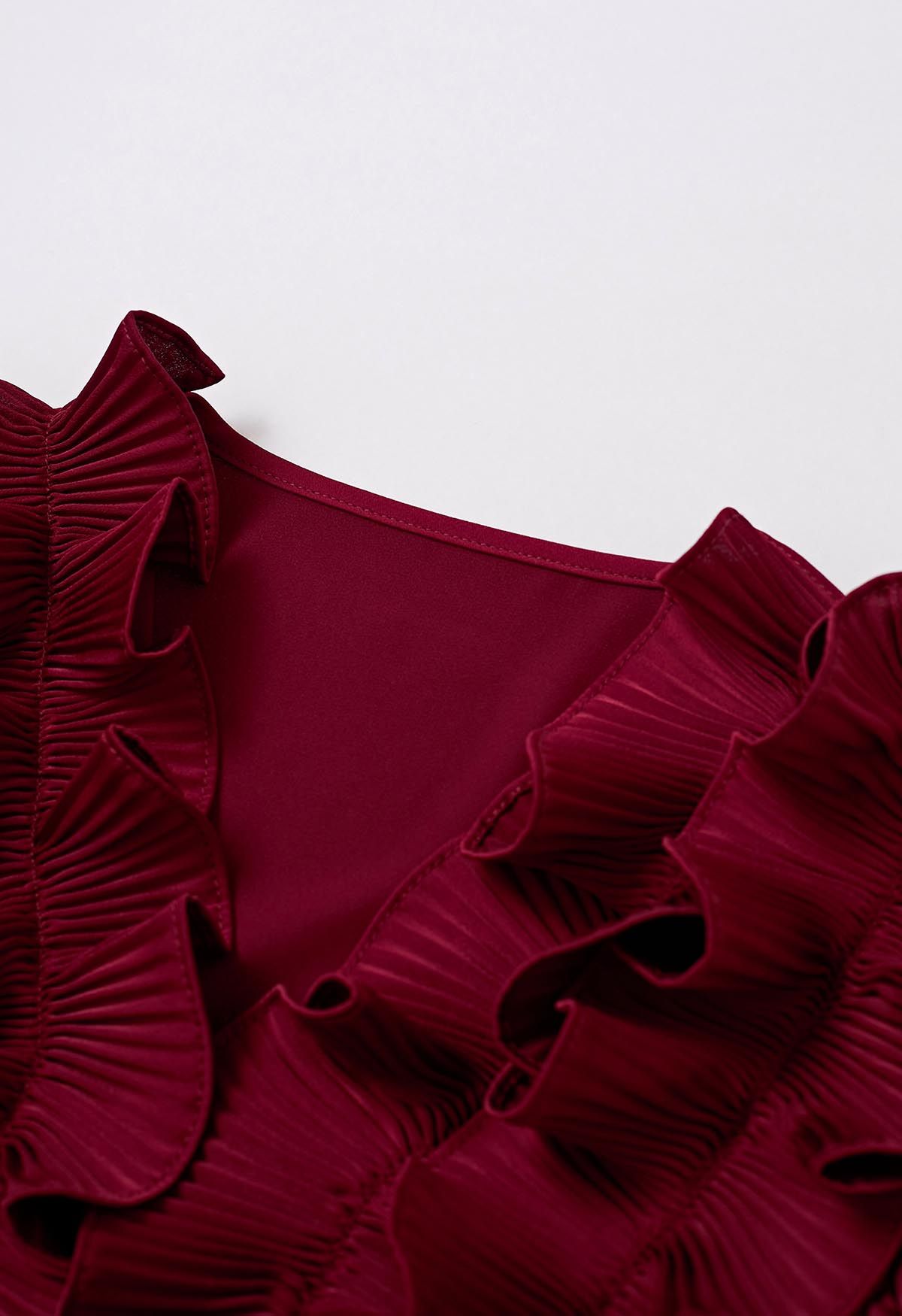 Fluttering Ruffle Satin Crop Top in Burgundy