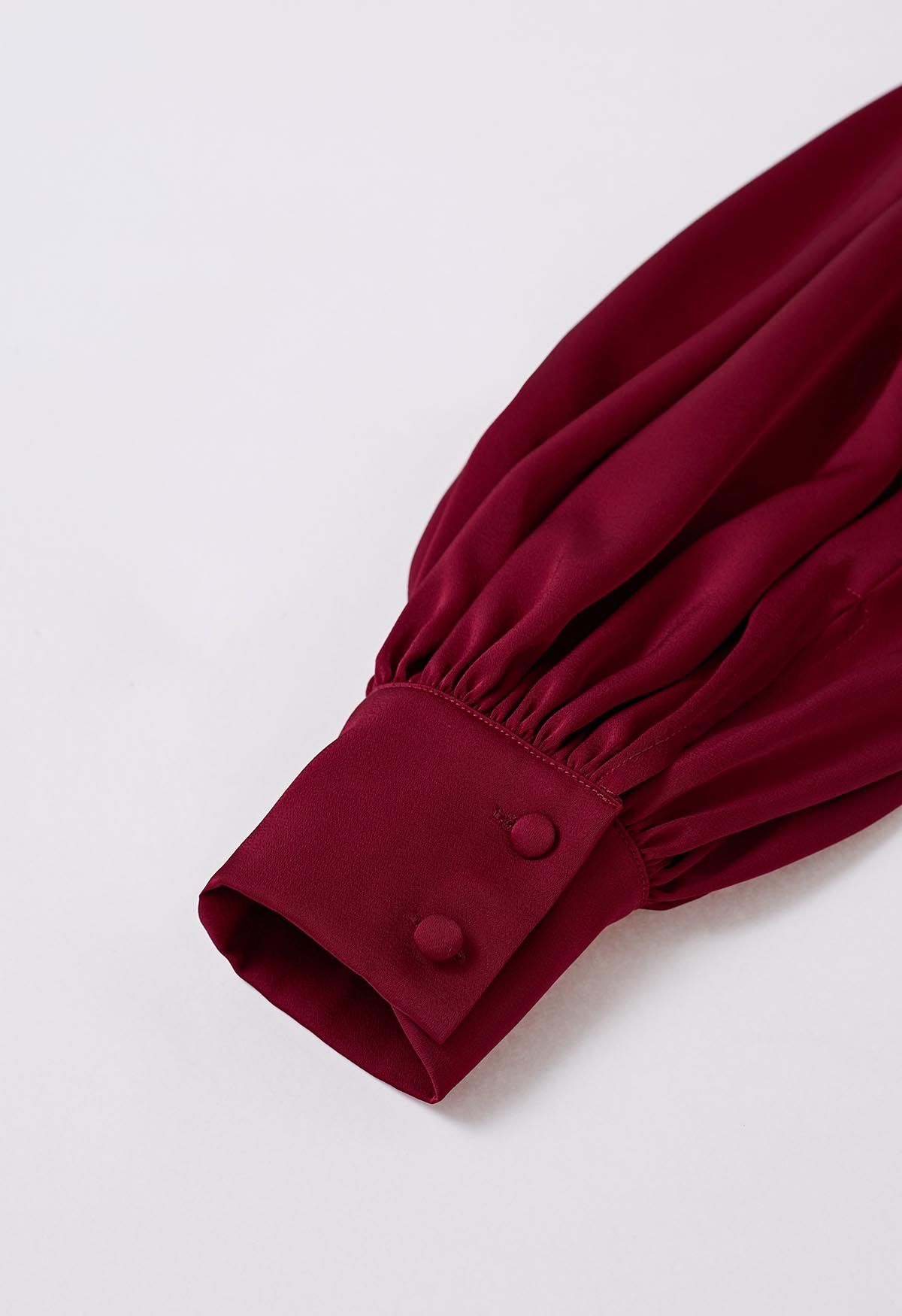 Fluttering Ruffle Satin Crop Top in Burgundy