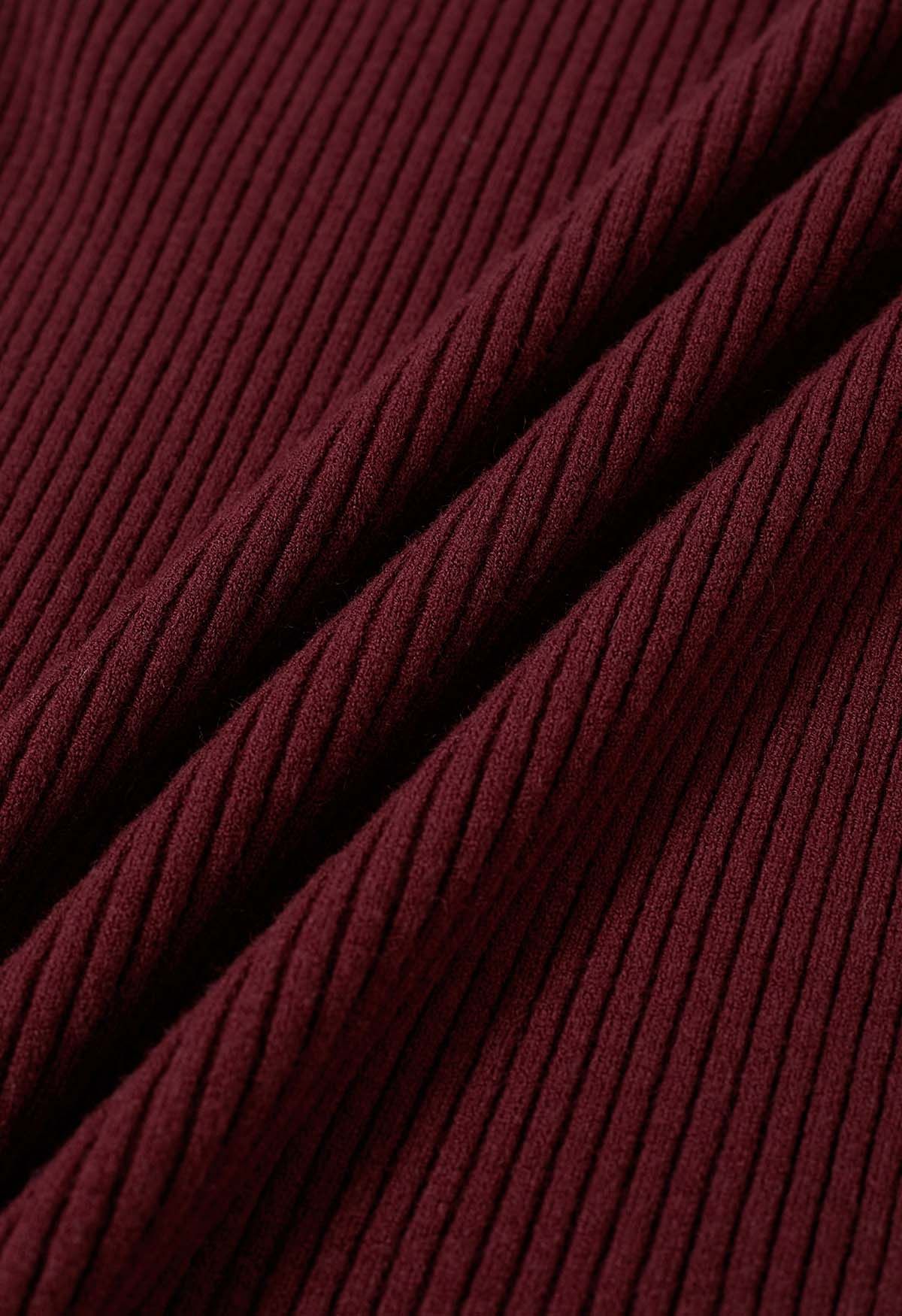 Turtleneck Ribbed Fitted Knit Top in Burgundy
