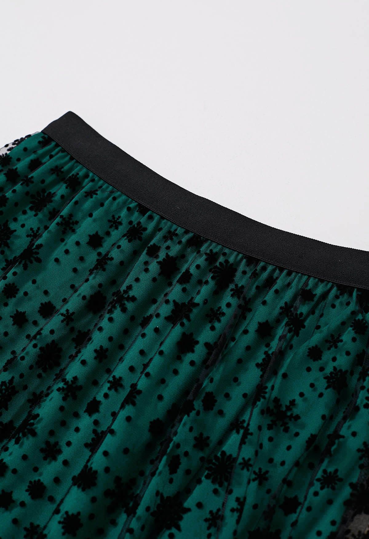 Velvet Snowflake Mesh Tulle Midi Skirt in Dark Green