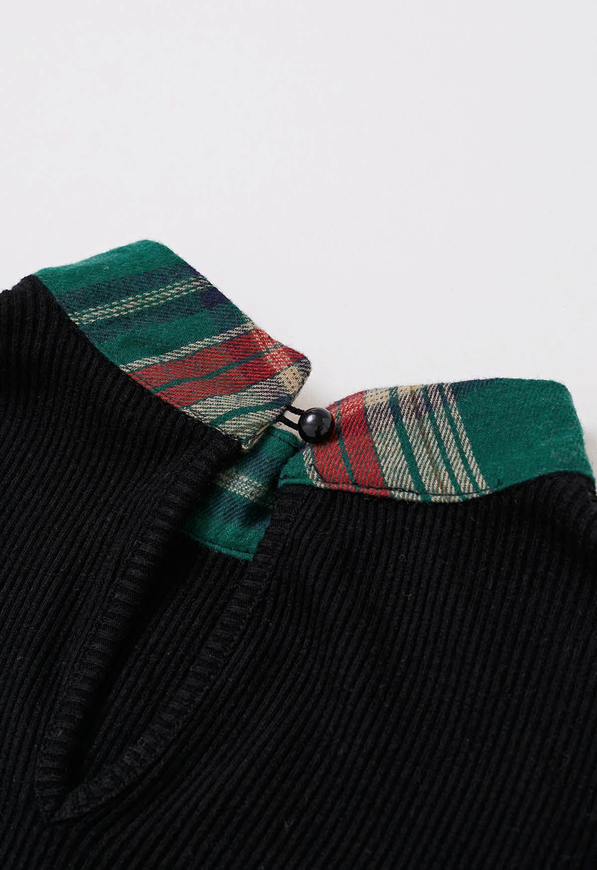 Detachable Bowknot Check Spliced Knit Top in Dark Green