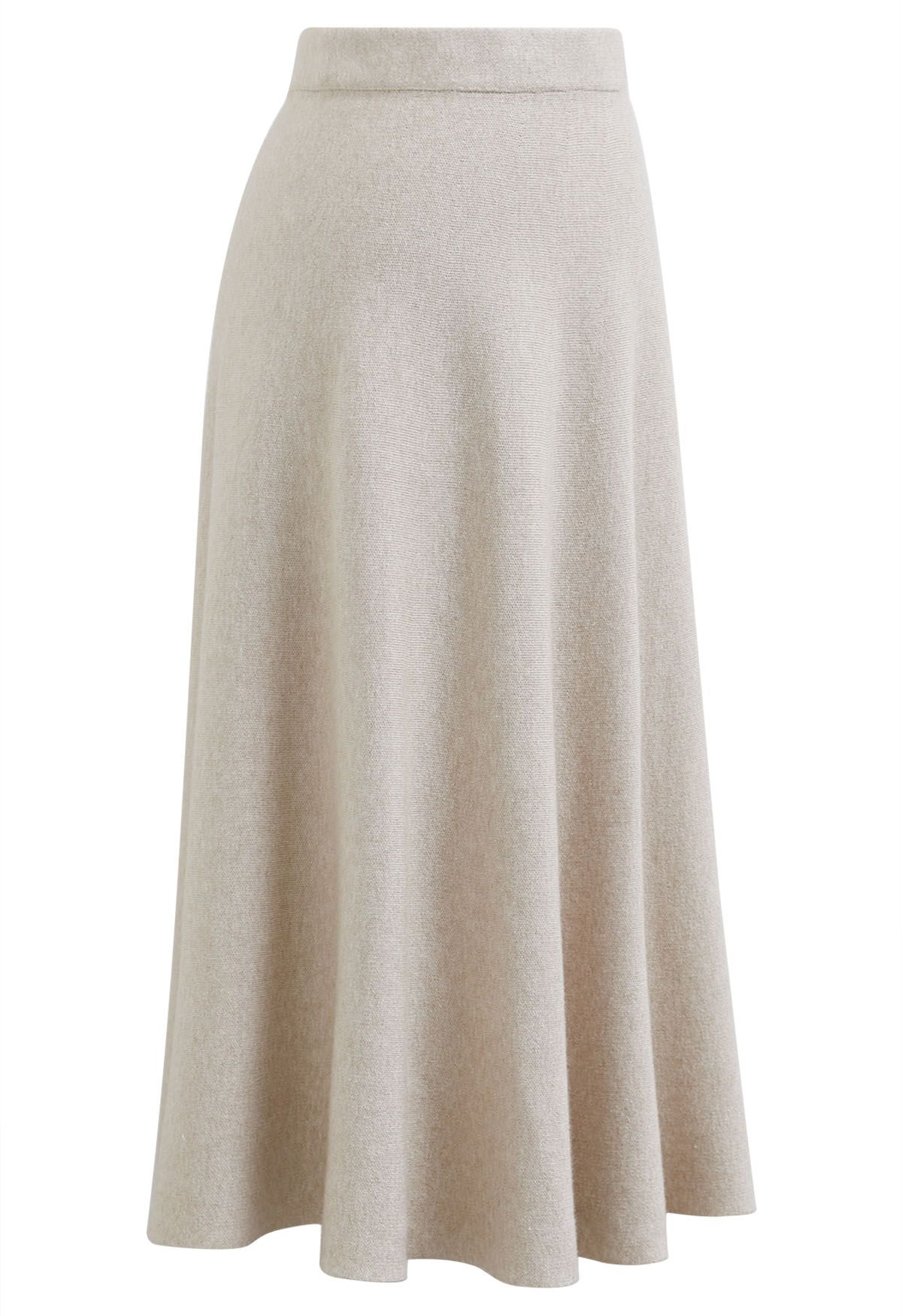 Solid Color A-Line Knit Midi Skirt in Ivory