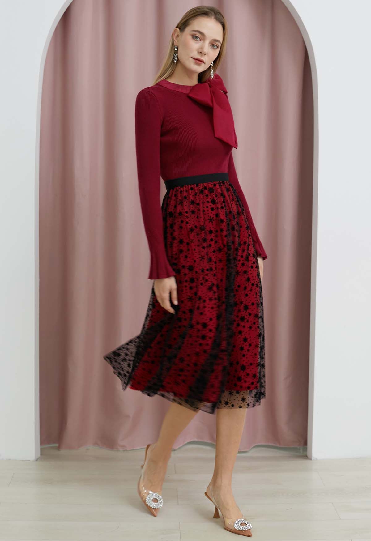 Velvet Snowflake Mesh Tulle Midi Skirt in Red