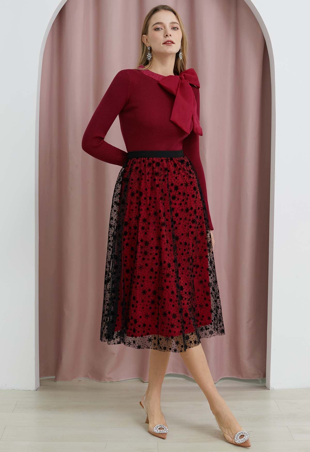 Velvet Snowflake Mesh Tulle Midi Skirt in Red