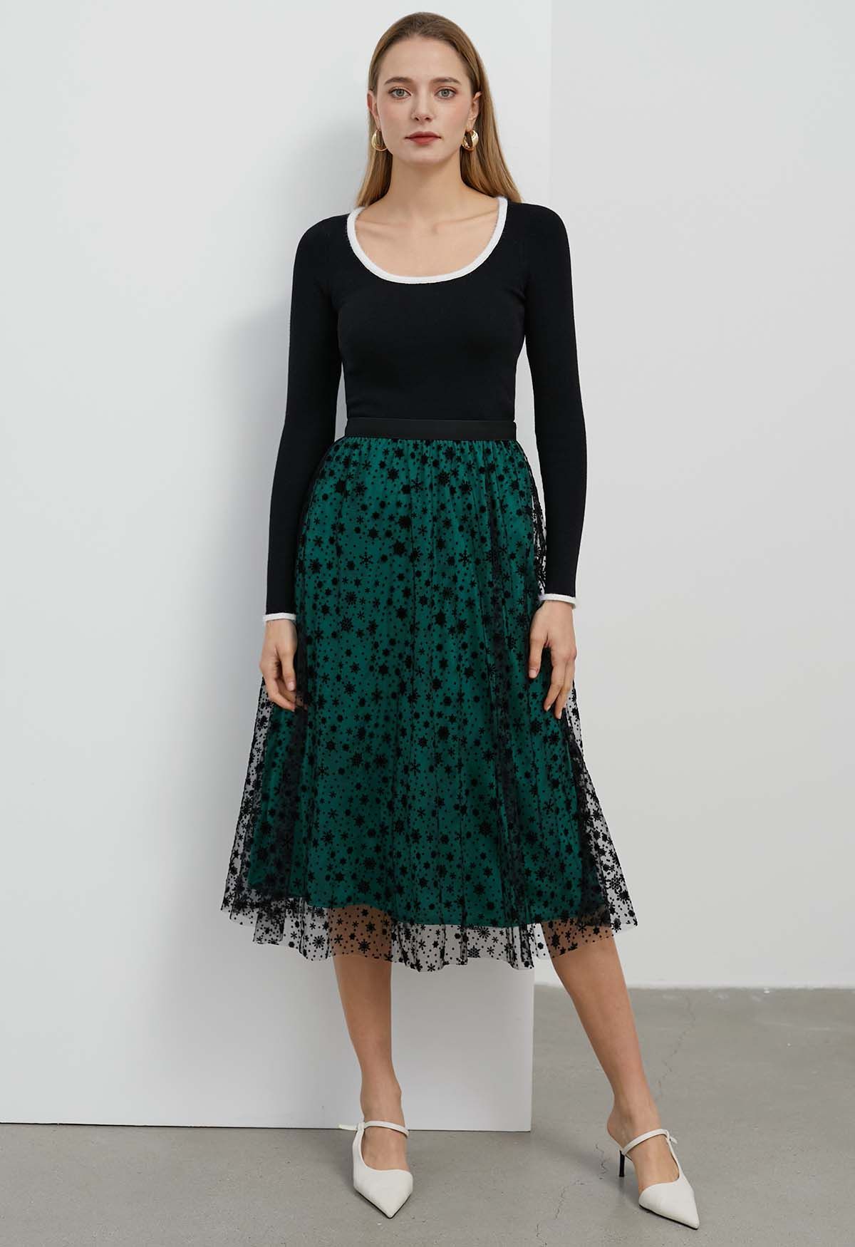 Velvet Snowflake Mesh Tulle Midi Skirt in Dark Green