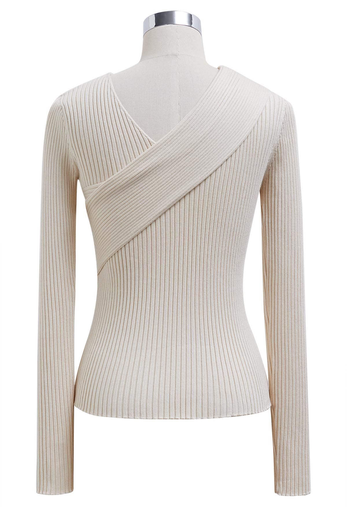 Crisscross Full Ribbed Knit Top in Cream