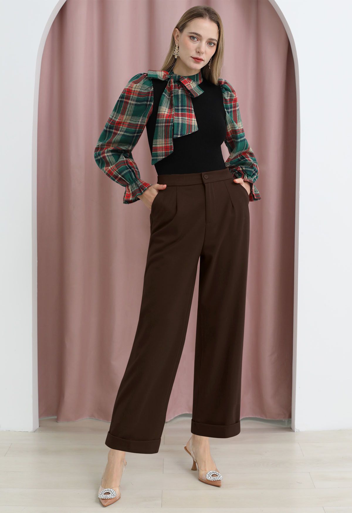 Comfy Chunky Straight-Leg Cuffed Pants in Brown