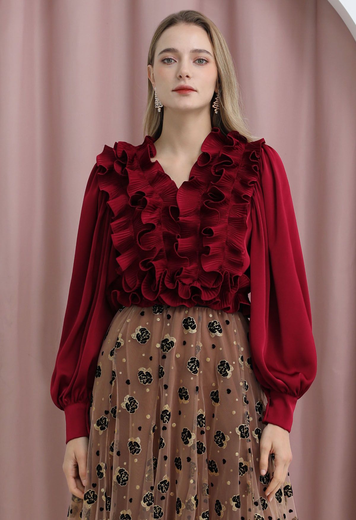 Fluttering Ruffle Satin Crop Top in Burgundy