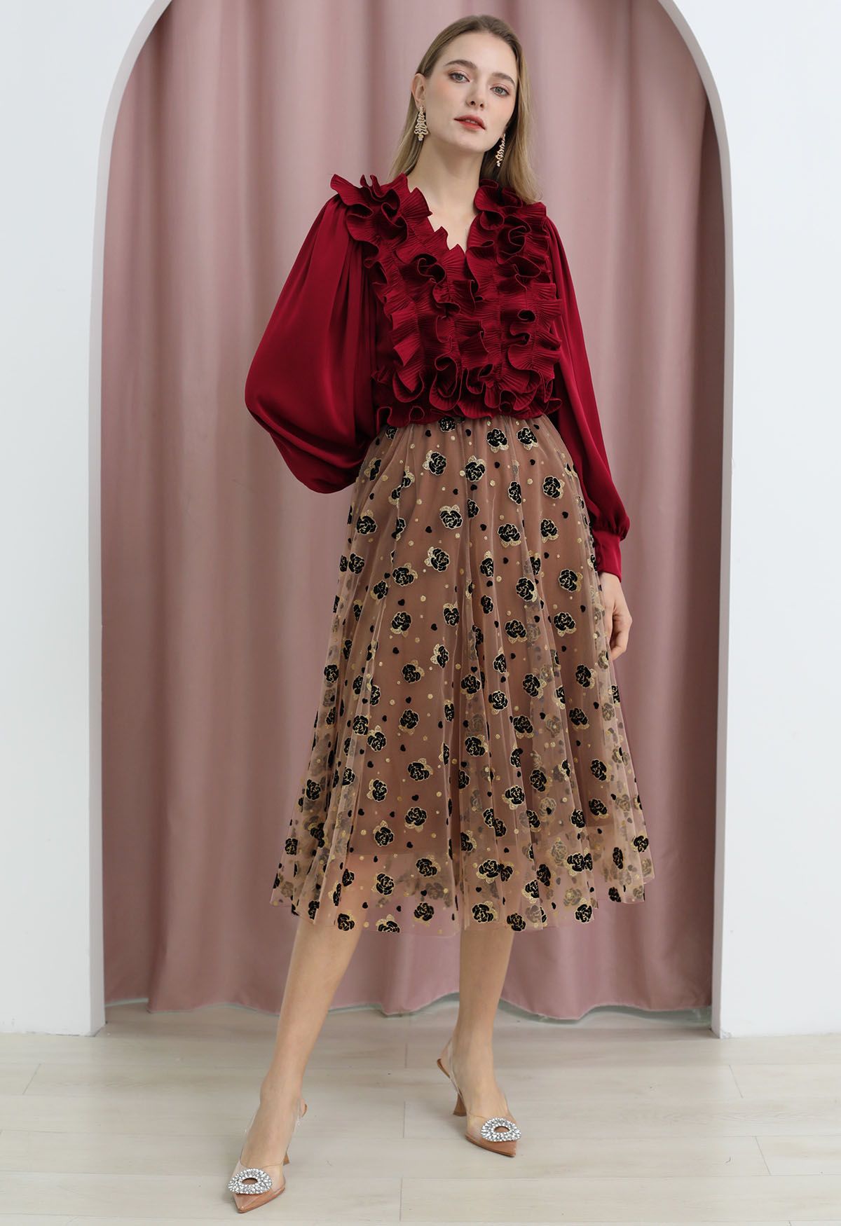 Fluttering Ruffle Satin Crop Top in Burgundy