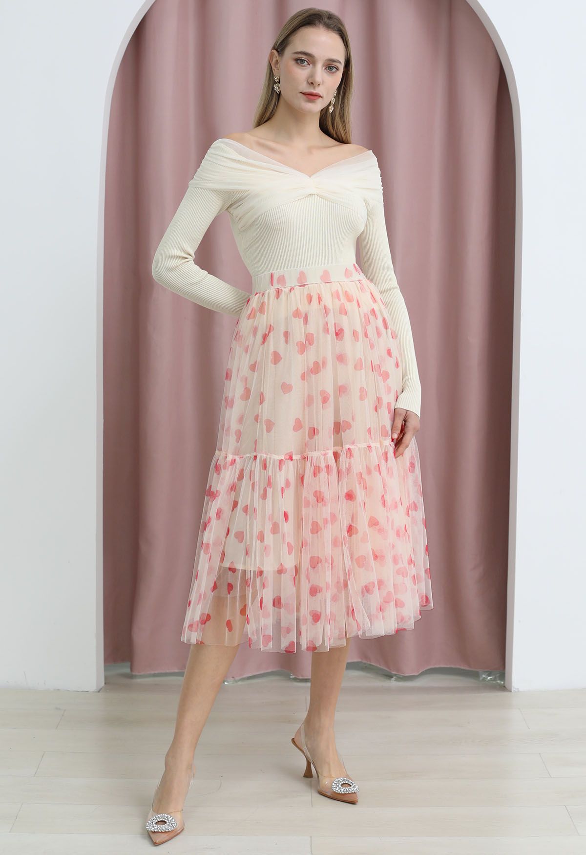 Can't Let Go Mesh Tulle Midi Skirt in Pink Heart