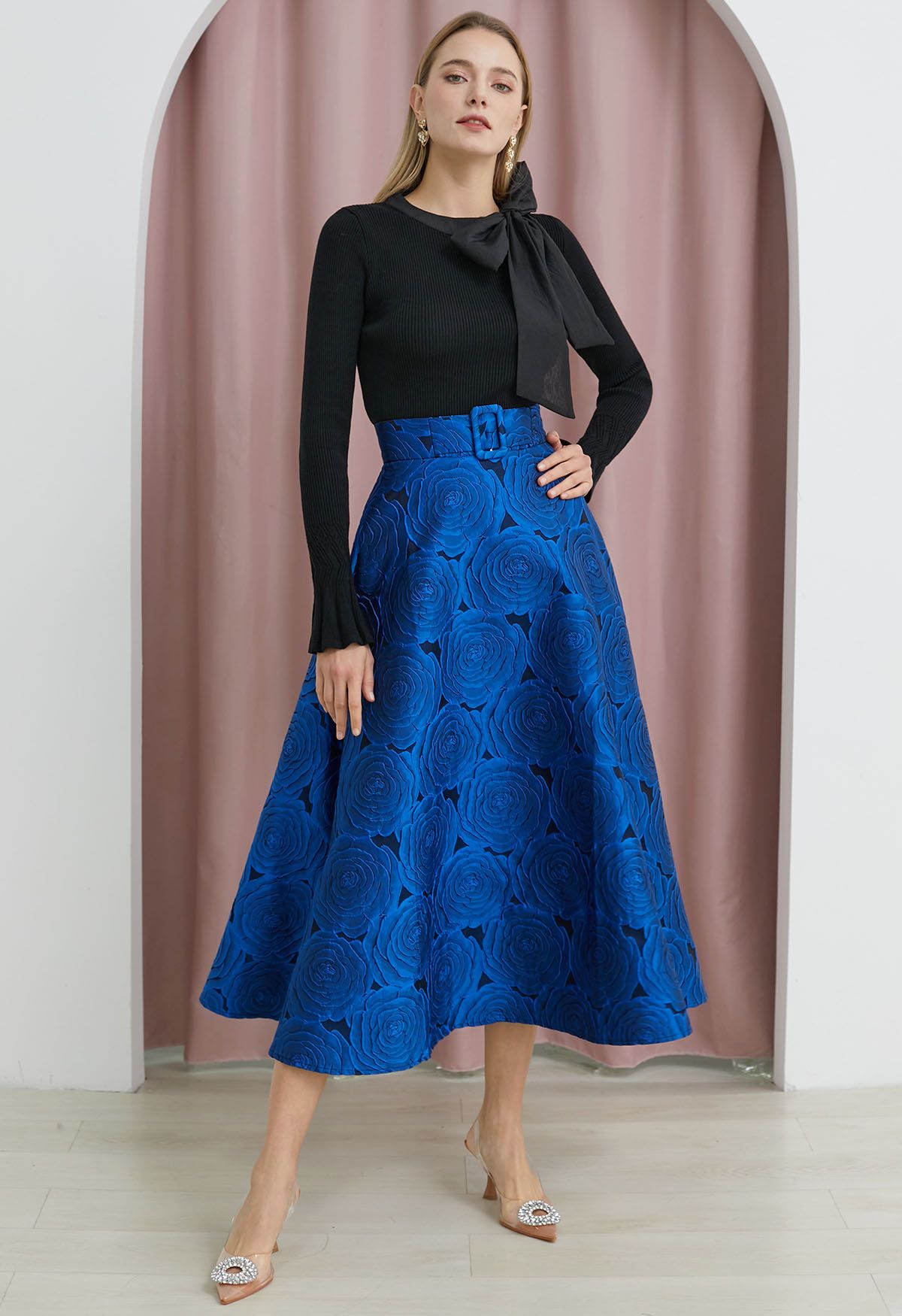 Midnight Rose Jacquard Flare Maxi Skirt