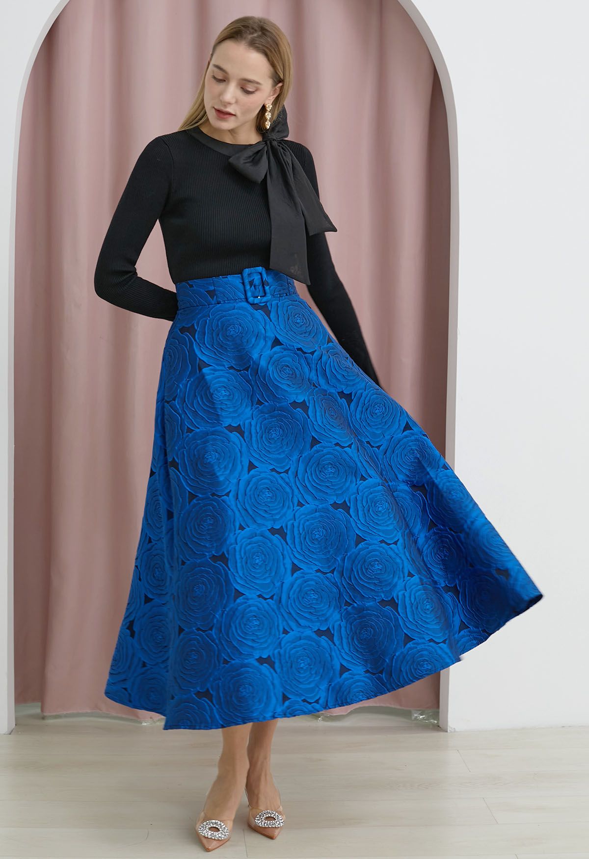 Midnight Rose Jacquard Flare Maxi Skirt