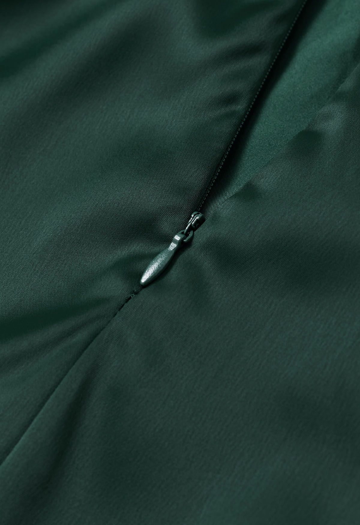 Plunging V-Neck Ruched Waist Satin Dress in Emerald