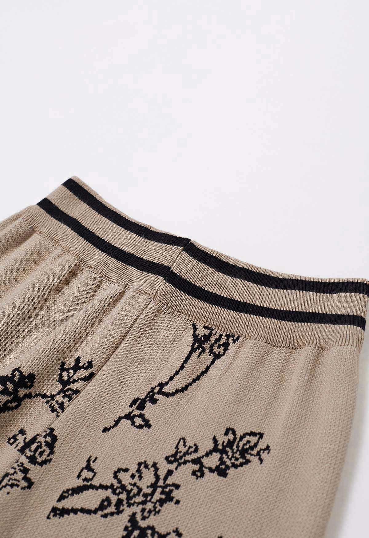 Botanical Zipper Knit Cardigan and Pants Set in Light Tan