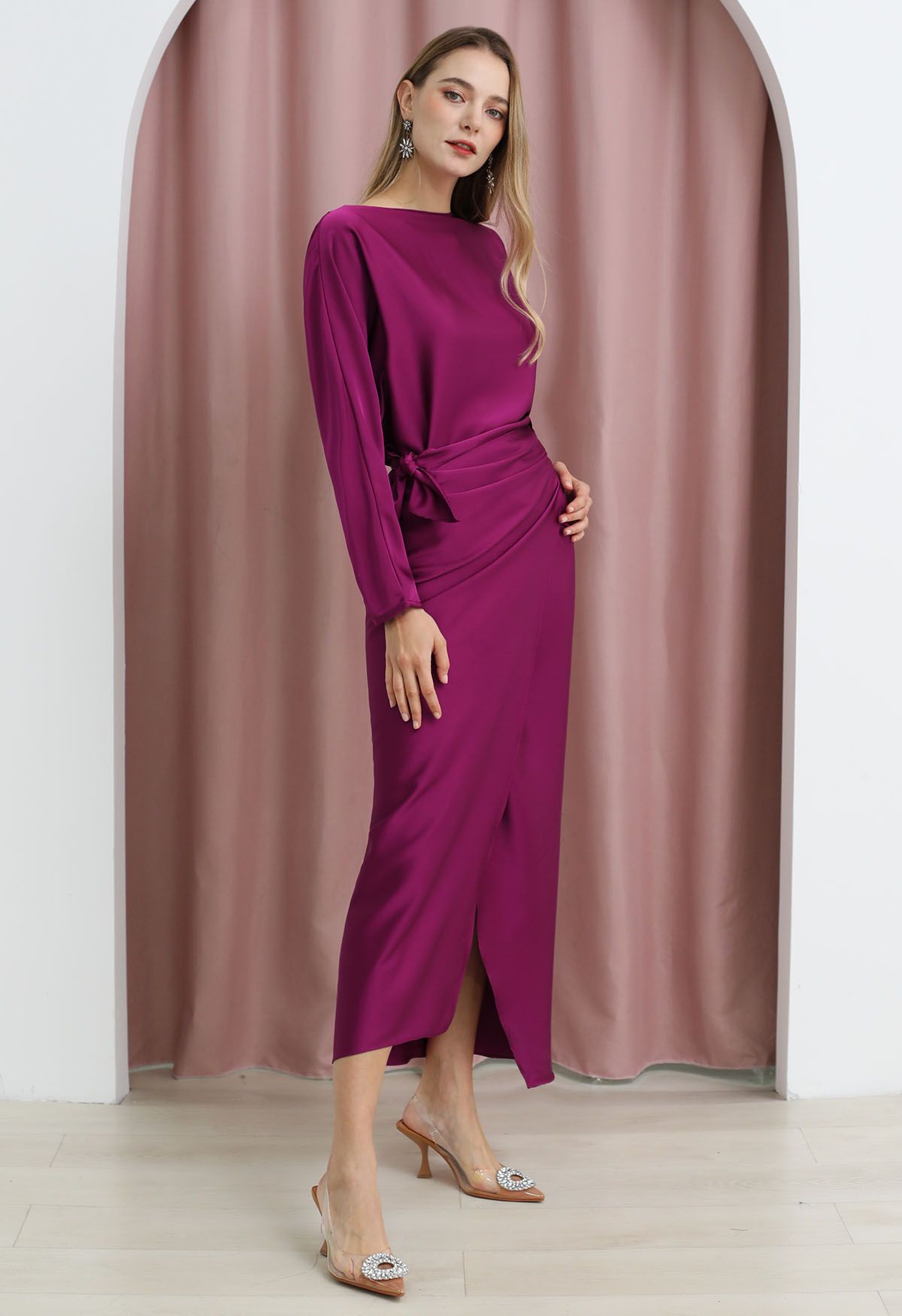 Satin Boat Neck Wrapped Waist Maxi Dress in Magenta