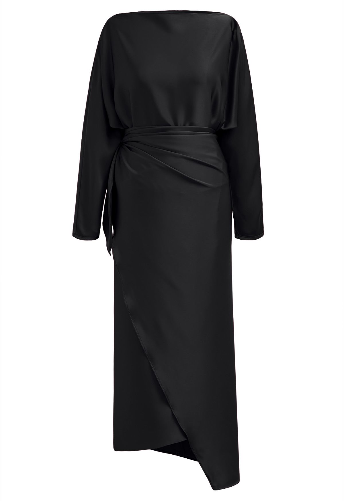 Satin Boat Neck Wrapped Waist Maxi Dress in Black