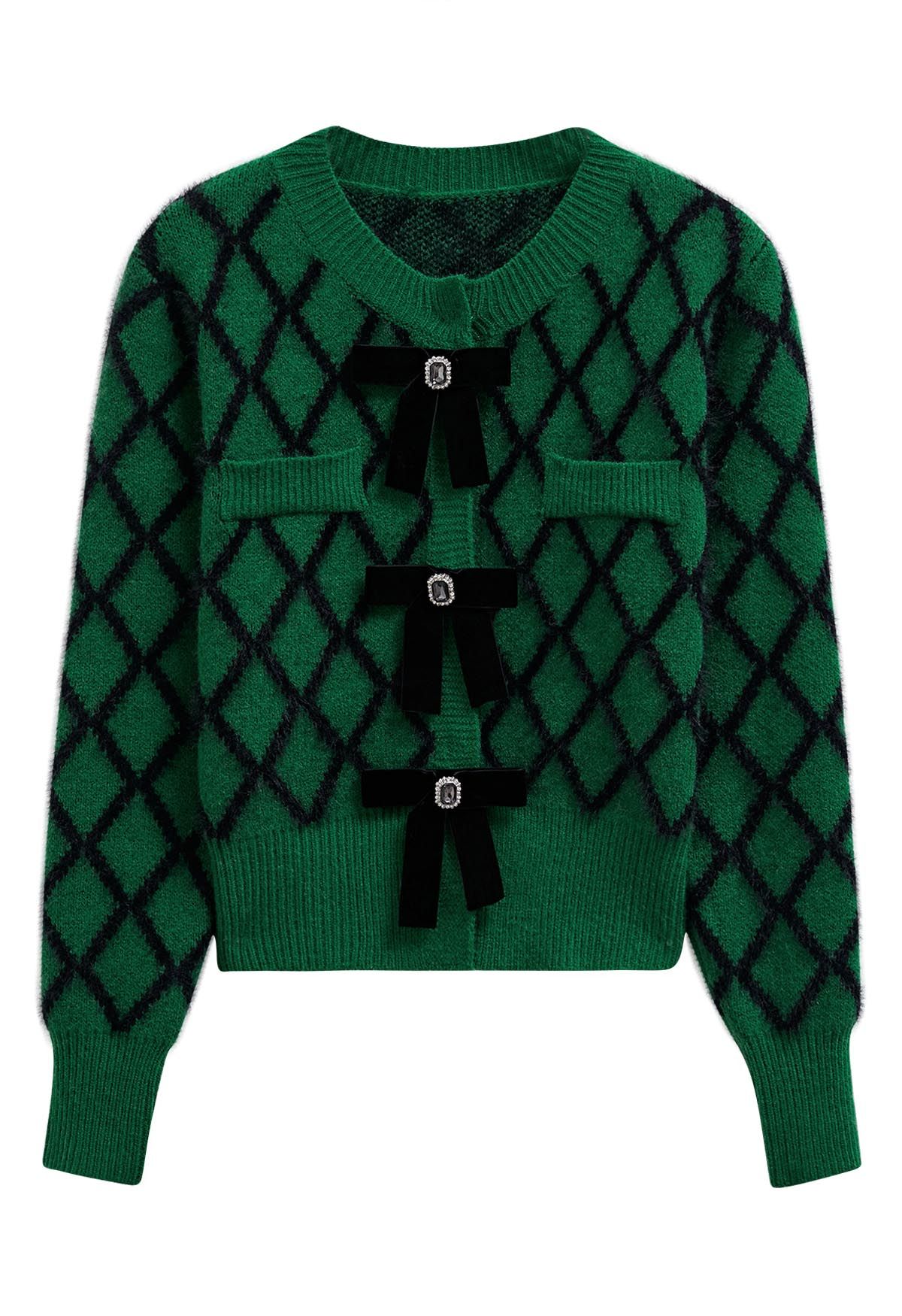 Fuzzy Diamond-Shape Bowknot Brooch Crop Cardigan in Green